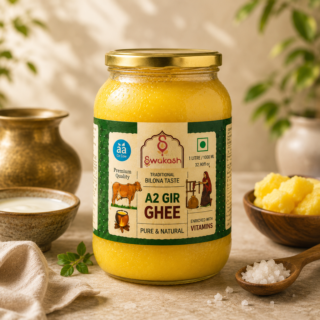 Swakash A2 Gir Ghee 1 Litre jar displayed with traditional Indian kitchen elements, showcasing pure natural Bilona ghee made from A2 Gir cow milk.