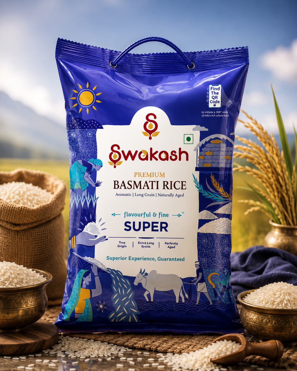 Swakash Premium Basmati Rice Super pack featuring naturally aged extra-long grain basmati rice with rich aroma, displayed in a traditional Indian rice field setting.
