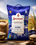 Swakash Premium Basmati Rice Super pack featuring naturally aged extra-long grain basmati rice with rich aroma, displayed in a traditional Indian rice field setting.