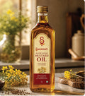 Swakash Kachi Ghani Mustard Oil 1 Litre bottle made using traditional wood-pressed cold-pressed extraction, displayed with mustard flowers and seeds in a rustic kitchen setting.