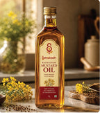 Swakash Kachi Ghani Mustard Oil 1 Litre bottle made using traditional wood-pressed cold-pressed extraction, displayed with mustard flowers and seeds in a rustic kitchen setting.