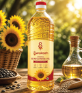 Swakash Refined Sunflower Oil 1 Litre bottle displayed with sunflower flowers and sunflower seeds, highlighting premium-quality natural cooking oil for daily use.